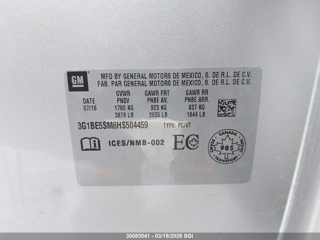 Продажа на аукционе авто 2017 Chevrolet Cruze Lt, vin: 3G1BE5SM8HS504459, номер лота: 30085041