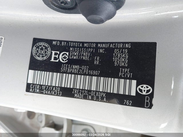 30086092 :رقم المزاد ، 5YFBPRBE2LP016907 vin ، 2020 Toyota Corolla Le مزاد بيع