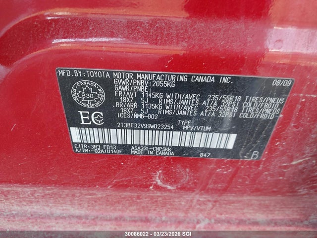 Aukcja sprzedaży 2009 Toyota Rav4 Sport, vin: 2T3BF32V99W023254, numer aukcji: 30086022