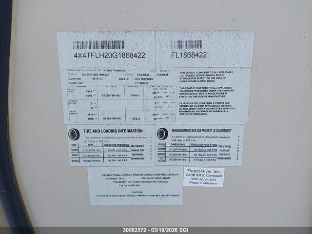 4X4TFLH20G1868422 Forest River Inc. Forest River