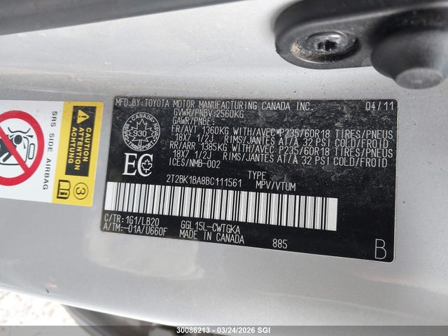 30086213 :رقم المزاد ، 2T2BK1BA8BC111561 vin ، 2011 Lexus Rx 350 مزاد بيع