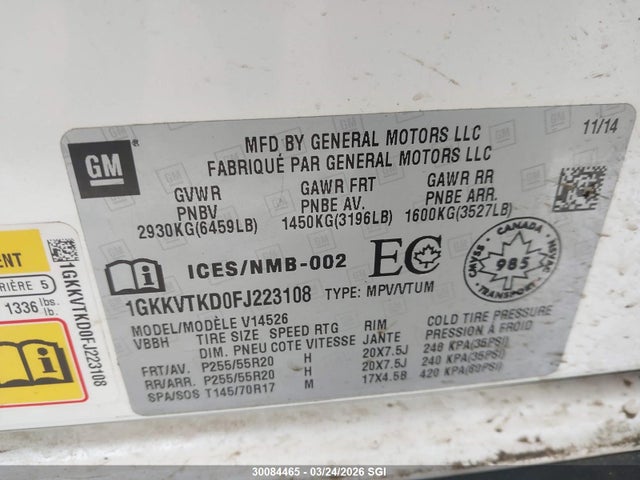 Aukcja sprzedaży 2015 Gmc Acadia Denali, vin: 1GKKVTKD0FJ223108, numer aukcji: 30084465