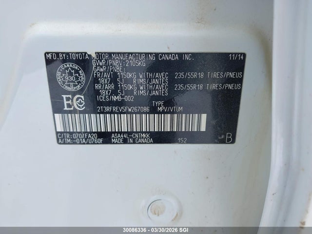 2T3RFREV5FW267086 Toyota Rav4 Xle