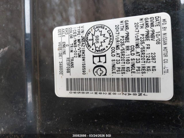 Aukcja sprzedaży 2009 Nissan Murano S/sl/le, vin: JN8AZ18W29W158590, numer aukcji: 30082886