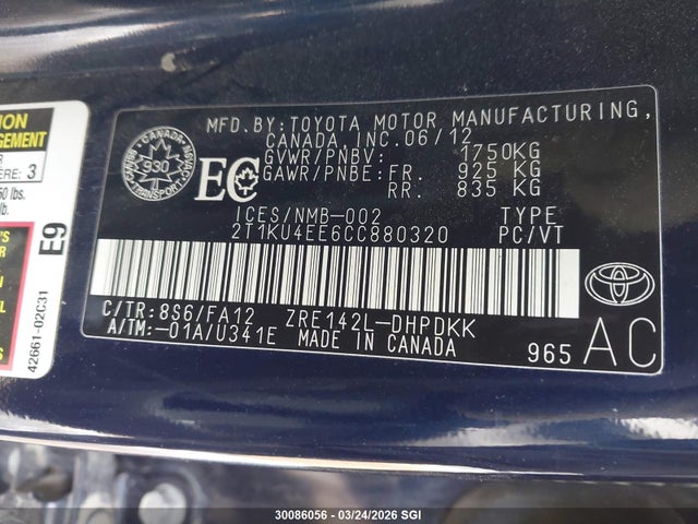 Aukcja sprzedaży 2012 Toyota Corolla Matrix, vin: 2T1KU4EE6CC880320, numer aukcji: 30086056