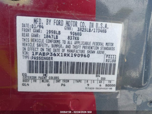 1994 Ford Tempo Gl მანქანა იყიდება აუქციონზე, vin: 1FABP36X1RK190960, აუქციონის ნომერი: 30084158