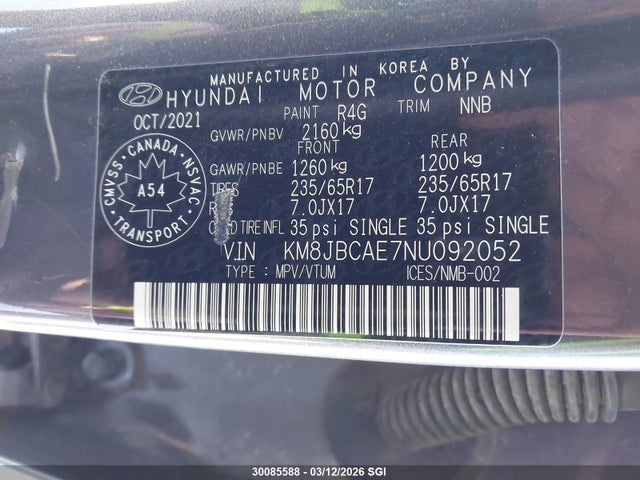 Продажа на аукционе авто 2022 Hyundai Tucson Sel, vin: KM8JBCAE7NU092052, номер лота: 30085588