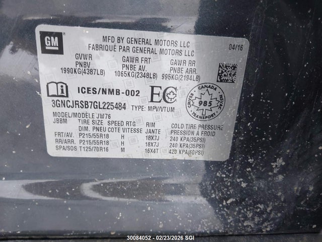 Продаж на аукціоні авто 2016 Chevrolet Trax Ltz, vin: 3GNCJRSB7GL225484, номер лоту: 30084052