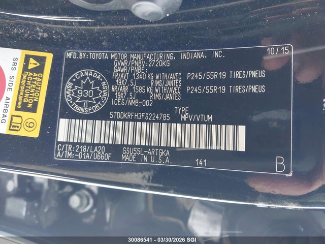 5TDDKRFH3FS224785 Toyota Highlander Limited/ltd Platinum