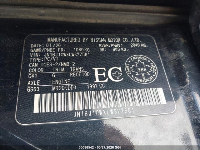 JN1BJ1CWXLW377581 Nissan Qashqai S/sl/sv