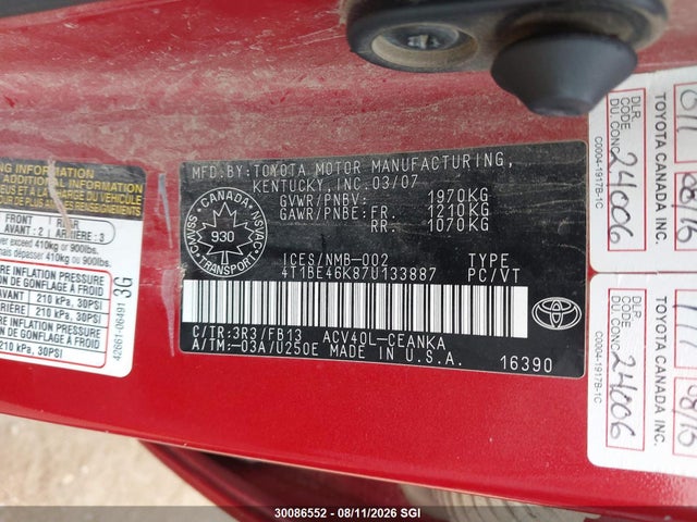 Продажа на аукционе авто 2007 Toyota Camry Ce/le/xle/se, vin: 4T1BE46K87U133887, номер лота: 30086552