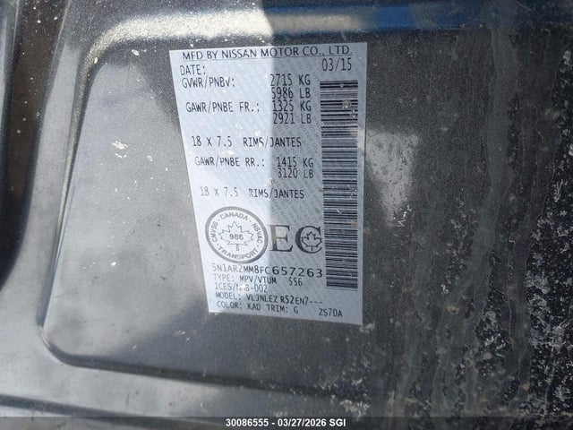 2015 Nissan Pathfinder S/sv/sl/platinum მანქანა იყიდება აუქციონზე, vin: 5N1AR2MM8FC657263, აუქციონის ნომერი: 30086555