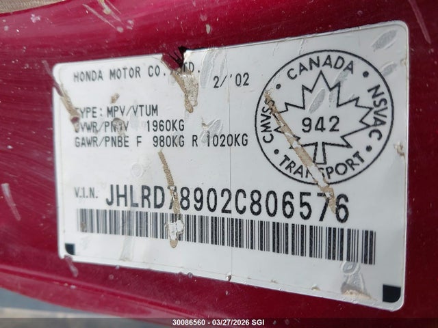 2002 Honda Cr-v Ex მანქანა იყიდება აუქციონზე, vin: JHLRD78902C806576, აუქციონის ნომერი: 30086560