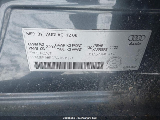 Aukcja sprzedaży 2007 Audi A4 S-line 2.0t Quattro Turbo, vin: WAUEF98E47A160960, numer aukcji: 30086565
