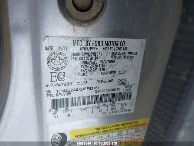 2011 Ford Expedition Limited მანქანა იყიდება აუქციონზე, vin: 1FMJU2A5XBEF43761, აუქციონის ნომერი: 30086566