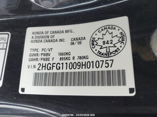 30084786 :رقم المزاد ، 2HGFG11009H010757 vin ، 2009 Honda Civic Exl مزاد بيع
