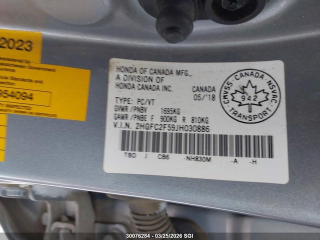 30076284 :رقم المزاد ، 2HGFC2F59JH030886 vin ، 2018 Honda Civic Lx مزاد بيع