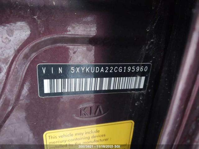 30075921 :رقم المزاد ، 5XYKUDA22CG195960 vin ، 2012 Kia Sorento Ex مزاد بيع