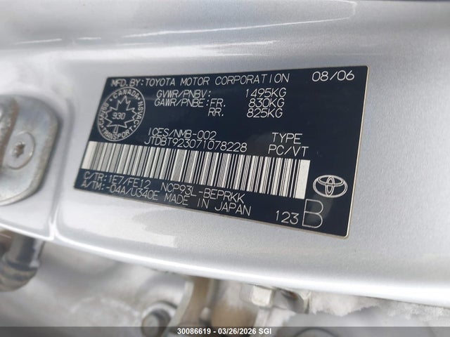 Aukcja sprzedaży 2007 Toyota Yaris, vin: JTDBT923071078228, numer aukcji: 30086619
