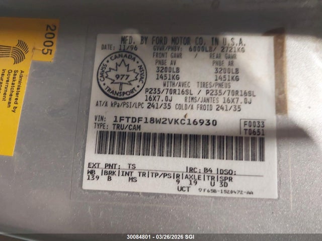 Продажа на аукционе авто 1997 Ford F150, vin: 1FTDF18W2VKC16930, номер лота: 30084801