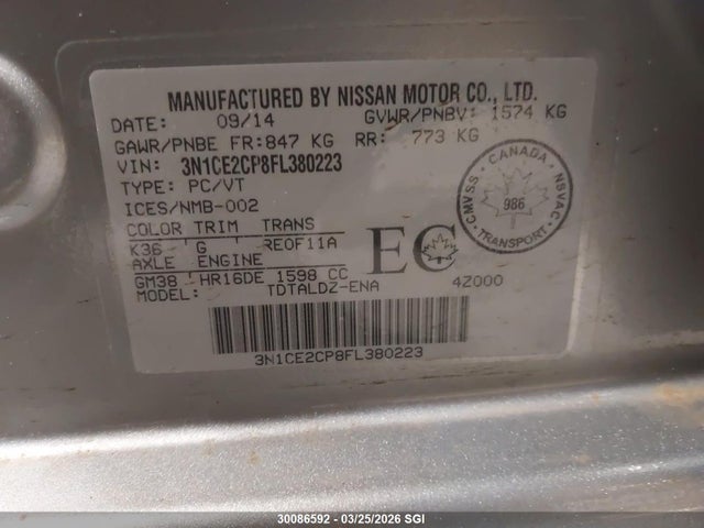 2015 Nissan Versa Note S/s Plus/sv/sl/sr მანქანა იყიდება აუქციონზე, vin: 3N1CE2CP8FL380223, აუქციონის ნომერი: 30086592