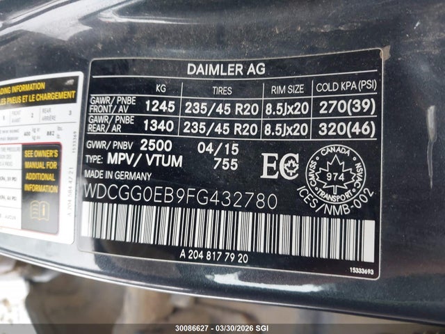 Aukcja sprzedaży 2015 Mercedes-benz Glk 250 Bluetec, vin: WDCGG0EB9FG432780, numer aukcji: 30086627