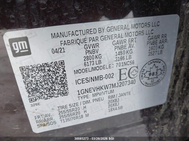 1GNEVHKW7MJ207340 Chevrolet Traverse Lt