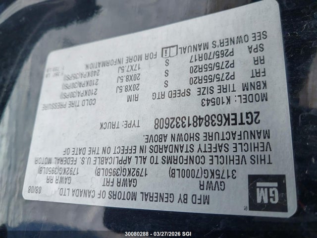 30080288 :رقم المزاد ، 2GTEK638481332608 vin ، 2008 Gmc New Sierra K1500 Denali مزاد بيع