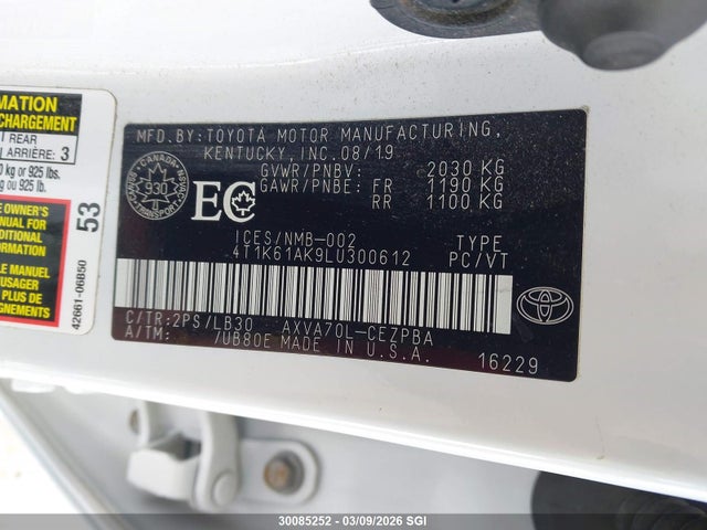 4T1K61AK9LU300612 Toyota CAMRY XSE