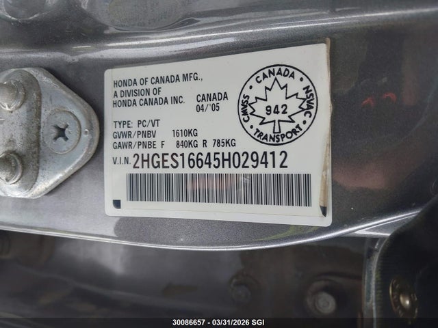 30086657 :رقم المزاد ، 2HGES16645H029412 vin ، 2005 Honda Civic Lx مزاد بيع