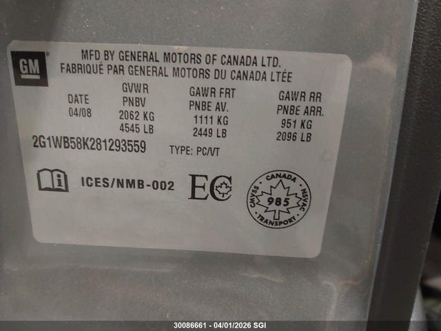Продаж на аукціоні авто 2008 Chevrolet Impala Ls, vin: 2G1WB58K281293559, номер лоту: 30086661