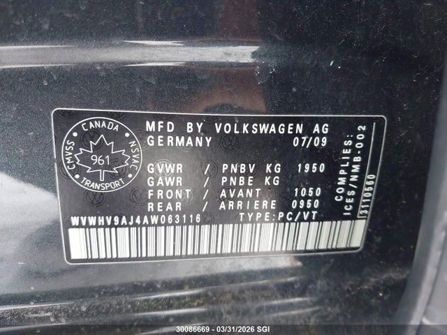 30086669 :رقم المزاد ، WVWHV9AJ4AW063116 vin ، 2010 Volkswagen Gti مزاد بيع