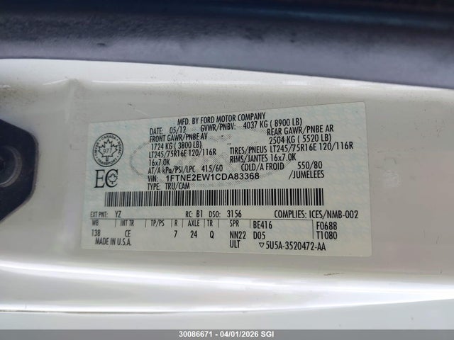 Продажа на аукционе авто 2012 Ford Econoline E250 Van, vin: 1FTNE2EW1CDA83368, номер лота: 30086671