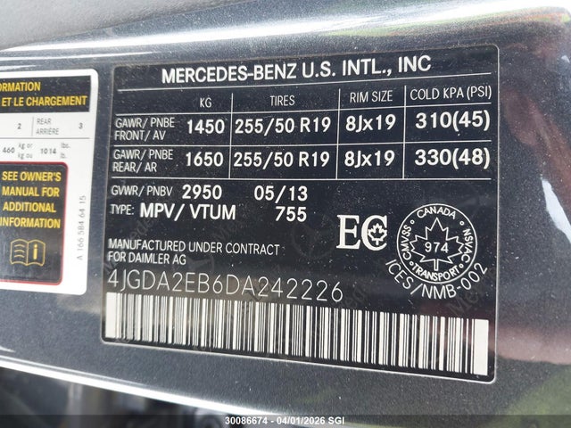 30086674 :رقم المزاد ، 4JGDA2EB6DA242226 vin ، 2013 Mercedes-benz Ml 350 Bluetec مزاد بيع