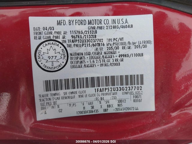 Продажа на аукционе авто 2003 Ford Taurus Lx, vin: 1FAFP52U33G237702, номер лота: 30086676