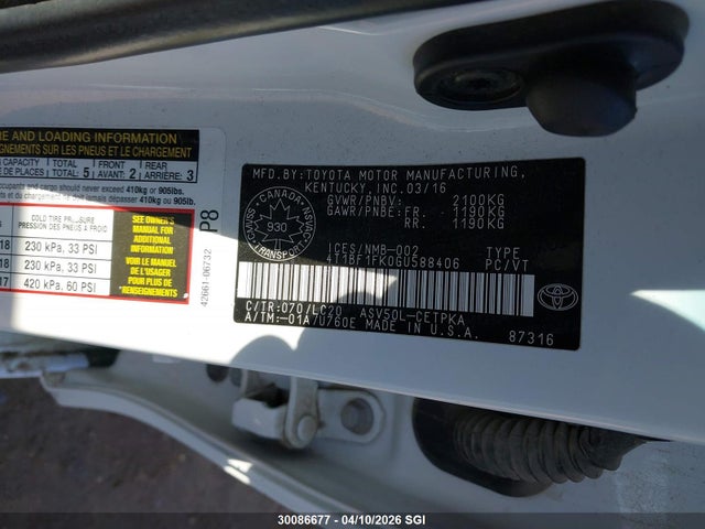 2016 Toyota Camry Le/xle/se/xse მანქანა იყიდება აუქციონზე, vin: 4T1BF1FK0GU588406, აუქციონის ნომერი: 30086677