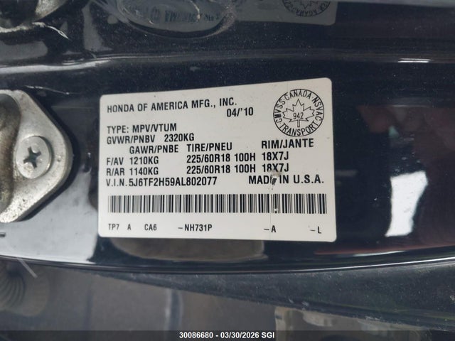 2010 Honda Accord Crosstour Exl მანქანა იყიდება აუქციონზე, vin: 5J6TF2H59AL802077, აუქციონის ნომერი: 30086680