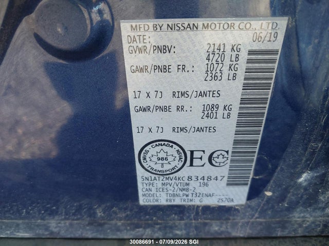 30086691 :رقم المزاد ، 5N1AT2MV4KC834847 vin ، 2019 Nissan Rogue S/sl/sv مزاد بيع