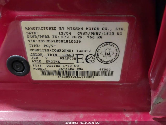 Продажа на аукционе авто 2005 Nissan Sentra 1.8/1.8s, vin: 3N1CB51D55L510329, номер лота: 30086043
