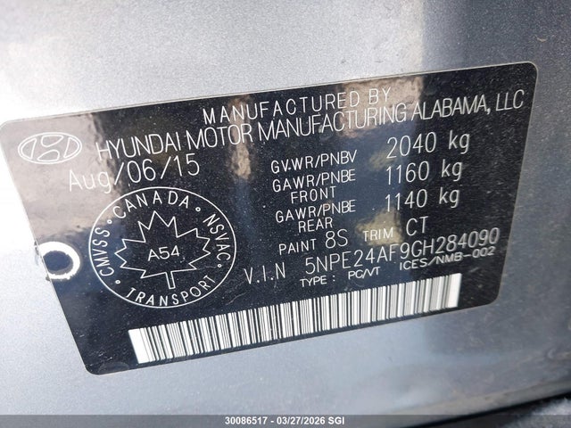 5NPE24AF9GH284090 Hyundai SONATA SE