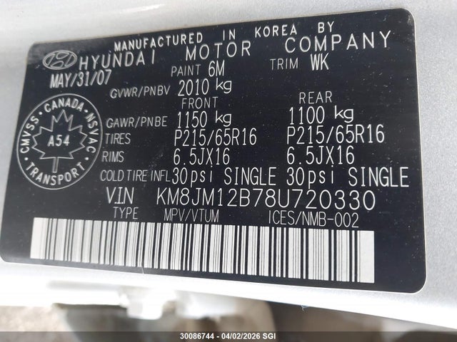 Продажа на аукционе авто 2008 Hyundai Tucson Gls, vin: KM8JM12B78U720330, номер лота: 30086744