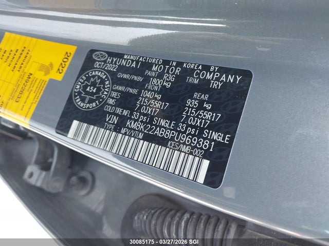 Aukcja sprzedaży 2023 Hyundai Kona Se, vin: KM8K22AB8PU969381, numer aukcji: 30085175