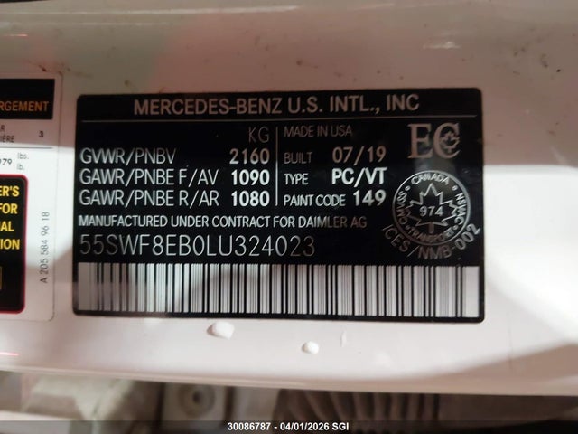 30086787 :رقم المزاد ، 55SWF8EB0LU324023 vin ، 2020 Mercedes-benz C 300 4matic مزاد بيع