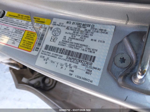 Aukcja sprzedaży 2019 Ford Fusion Sel, vin: 3FA6P0PU2KR223650, numer aukcji: 30086752