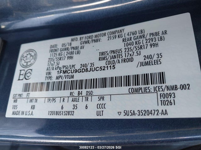 1FMCU9GD8JUC52115 Ford ESCAPE SE