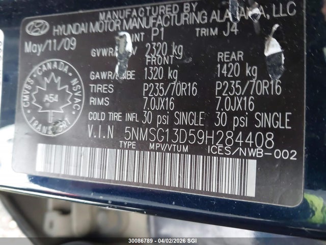 Продаж на аукціоні авто 2009 Hyundai Santa Fe Gls, vin: 5NMSG13D59H284408, номер лоту: 30086789