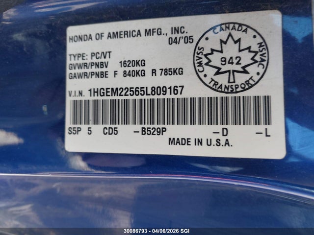 Продаж на аукціоні авто 2005 Honda Civic Lx, vin: 1HGEM22565L809167, номер лоту: 30086793