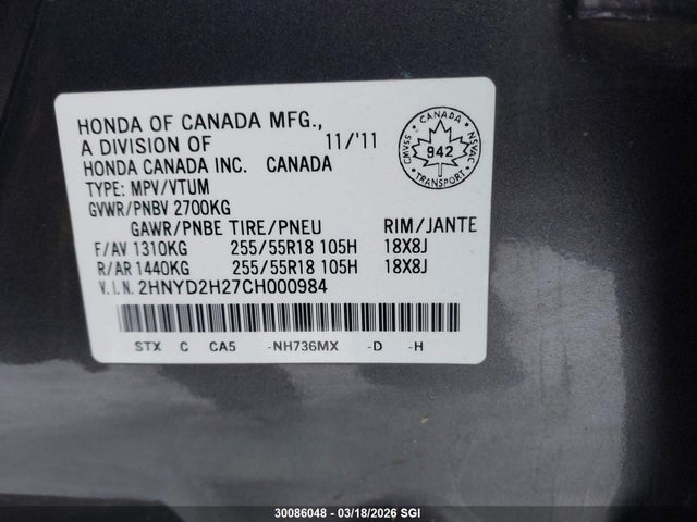 Aukcja sprzedaży 2012 Acura Mdx, vin: 2HNYD2H27CH000984, numer aukcji: 30086048