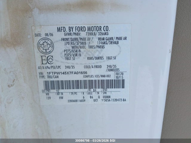 2007 Ford F150 Supercrew მანქანა იყიდება აუქციონზე, vin: 1FTPW145X7FA01656, აუქციონის ნომერი: 30086798