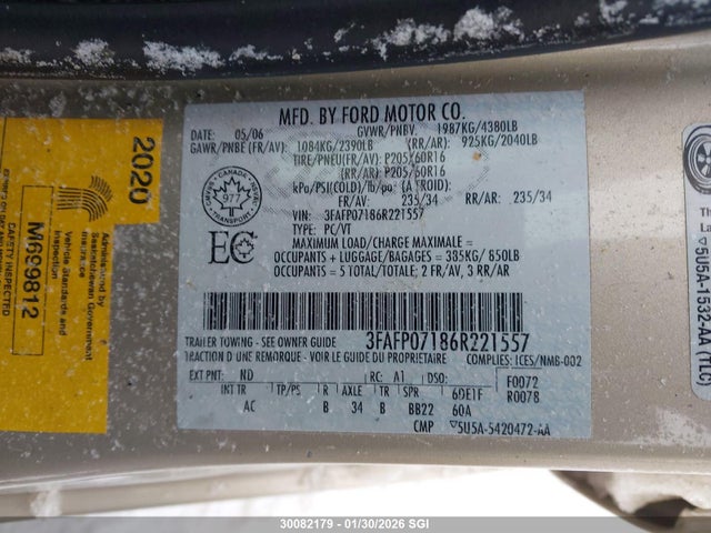 Продаж на аукціоні авто 2006 Ford Fusion Se, vin: 3FAFP07186R221557, номер лоту: 30082179